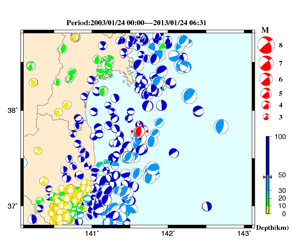 過去に起きた地震の初動発震機構解