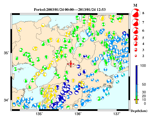 過去に起きた地震の初動発震機構解