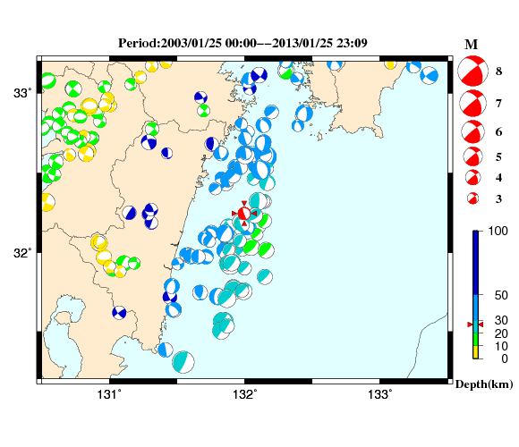 過去に起きた地震の初動発震機構解