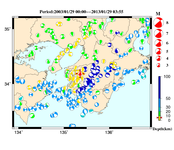 過去に起きた地震の初動発震機構解