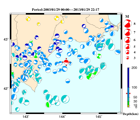 過去に起きた地震の初動発震機構解
