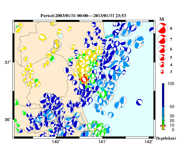 過去に起きた地震の初動発震機構解