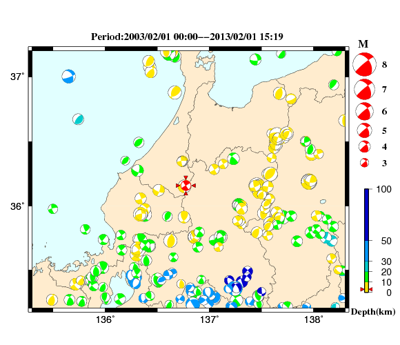 過去に起きた地震の初動発震機構解