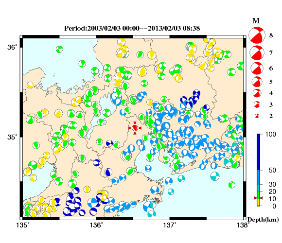 過去に起きた地震の初動発震機構解