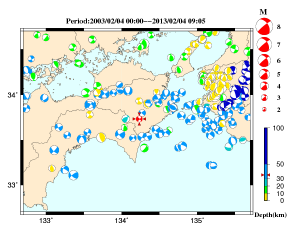 過去に起きた地震の初動発震機構解