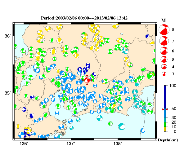 過去に起きた地震の初動発震機構解