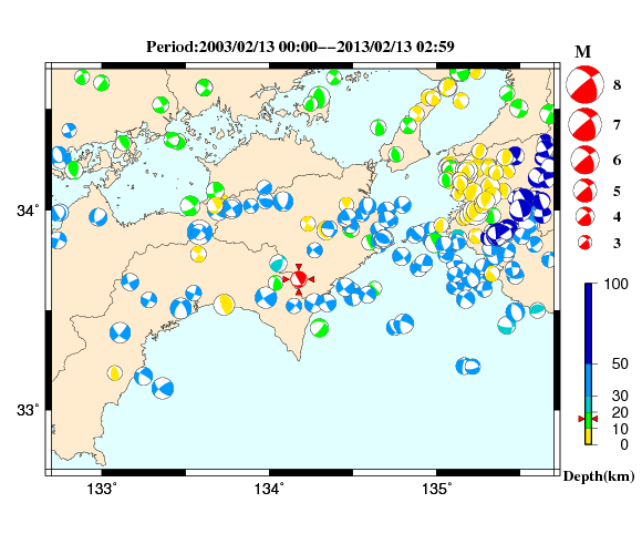 過去に起きた地震の初動発震機構解