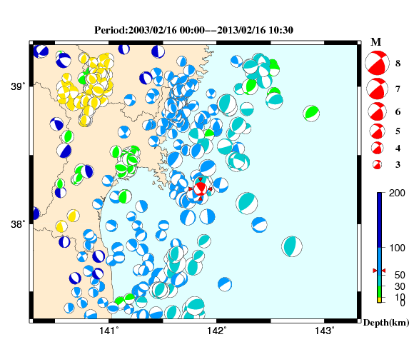 過去に起きた地震の初動発震機構解