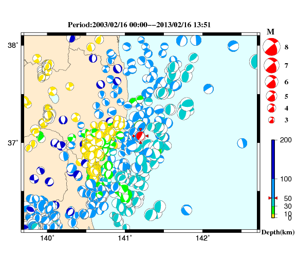 過去に起きた地震の初動発震機構解