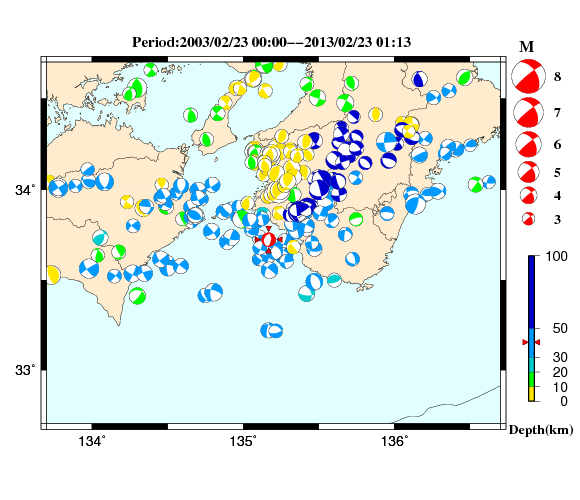過去に起きた地震の初動発震機構解