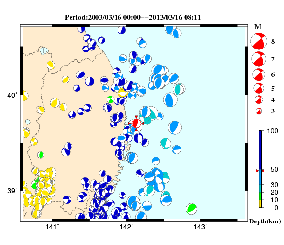 過去に起きた地震の初動発震機構解