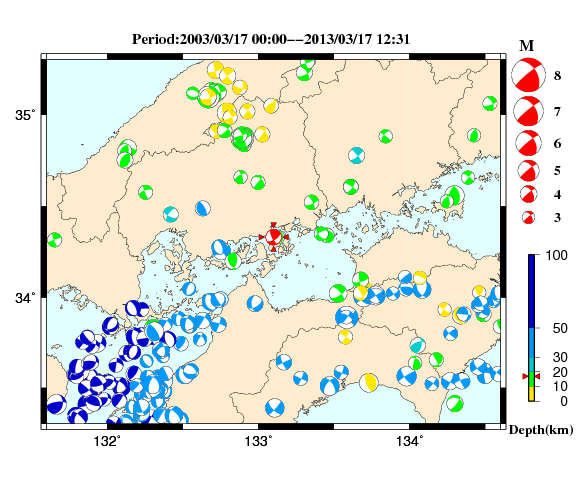 過去に起きた地震の初動発震機構解
