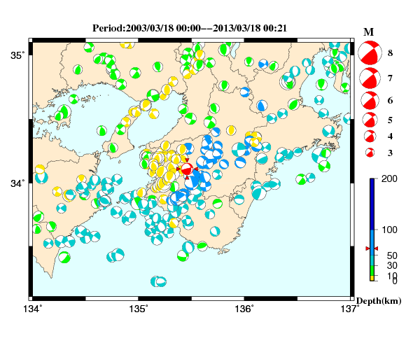 過去に起きた地震の初動発震機構解