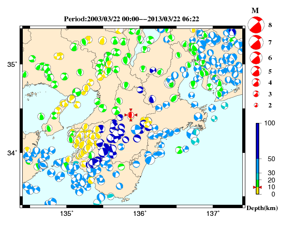 過去に起きた地震の初動発震機構解