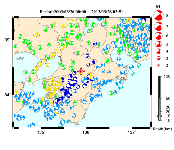 過去に起きた地震の初動発震機構解