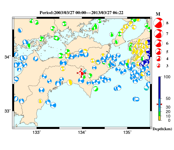 過去に起きた地震の初動発震機構解