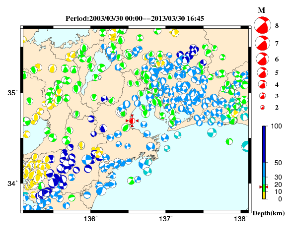 過去に起きた地震の初動発震機構解