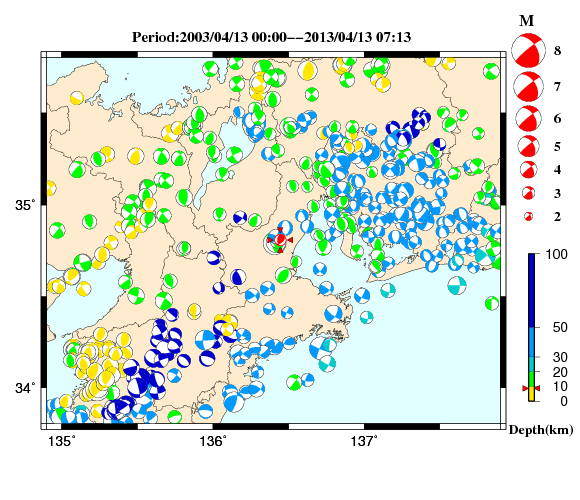 過去に起きた地震の初動発震機構解