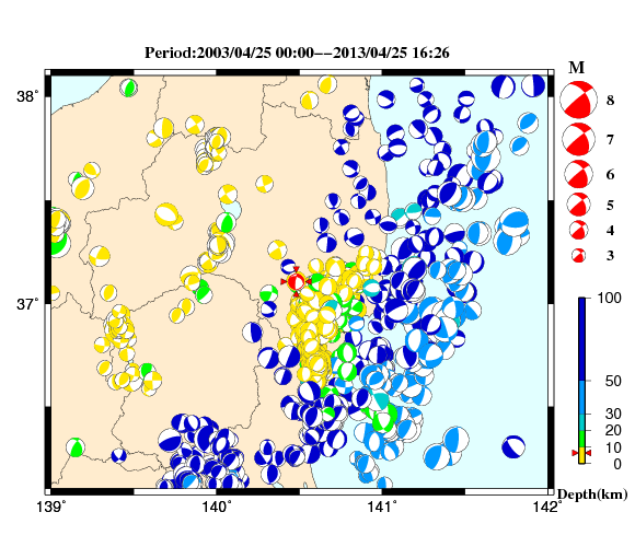 過去に起きた地震の初動発震機構解