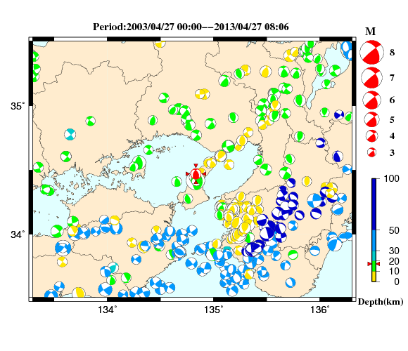 過去に起きた地震の初動発震機構解
