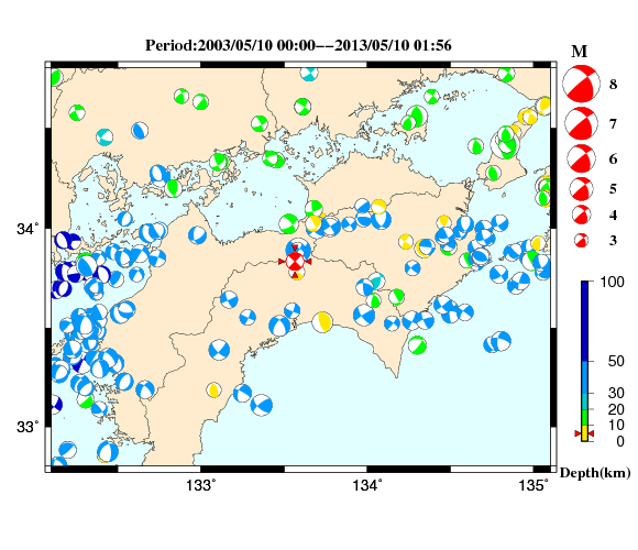 過去に起きた地震の初動発震機構解