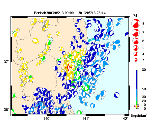 過去に起きた地震の初動発震機構解