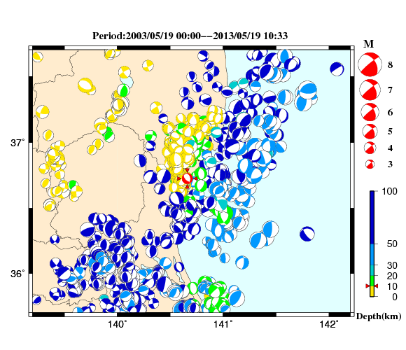 過去に起きた地震の初動発震機構解