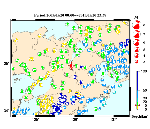 過去に起きた地震の初動発震機構解
