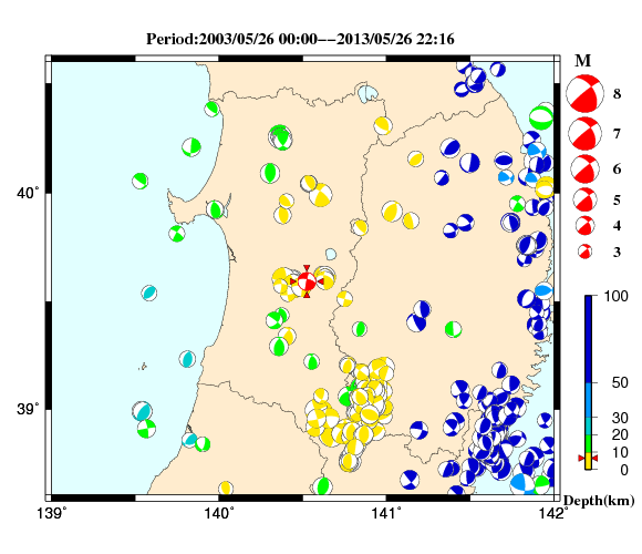 過去に起きた地震の初動発震機構解