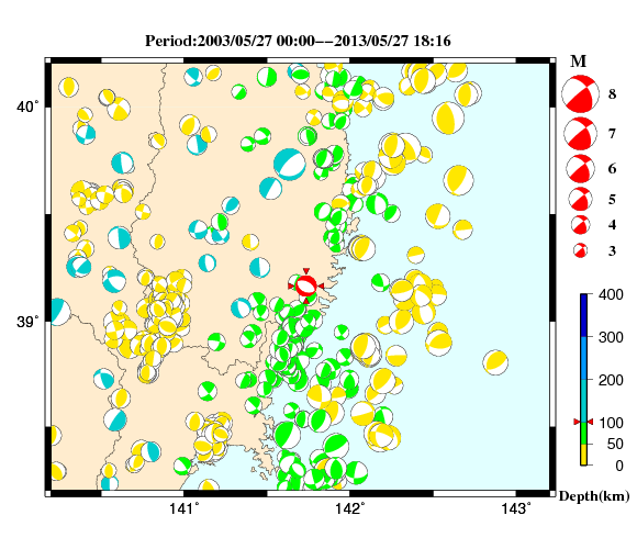 過去に起きた地震の初動発震機構解