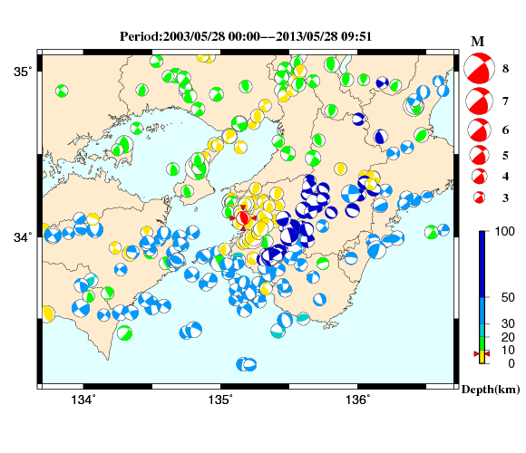 過去に起きた地震の初動発震機構解