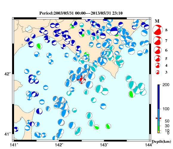 過去に起きた地震の初動発震機構解