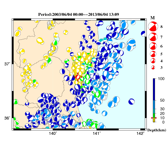 過去に起きた地震の初動発震機構解