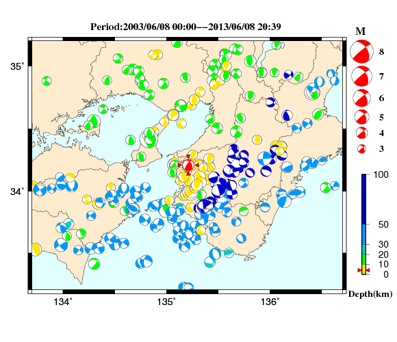 過去に起きた地震の初動発震機構解