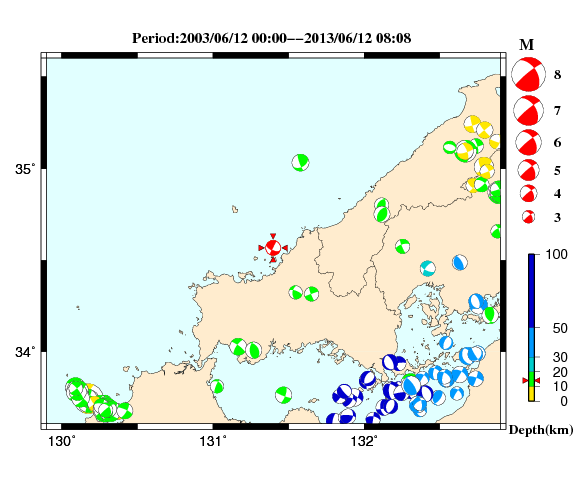 過去に起きた地震の初動発震機構解