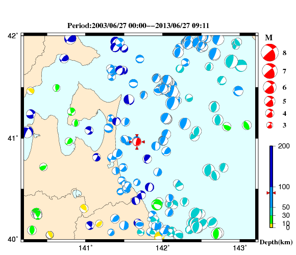 過去に起きた地震の初動発震機構解