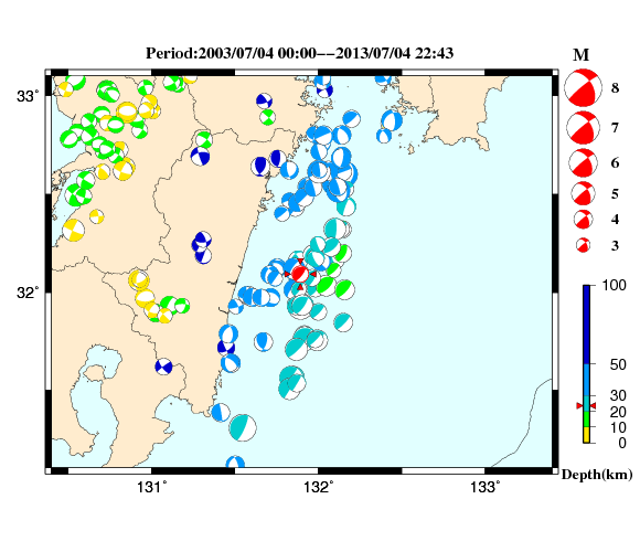 過去に起きた地震の初動発震機構解
