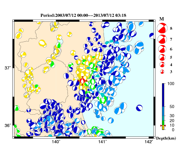 過去に起きた地震の初動発震機構解