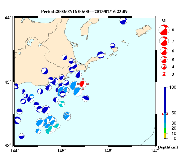 過去に起きた地震の初動発震機構解
