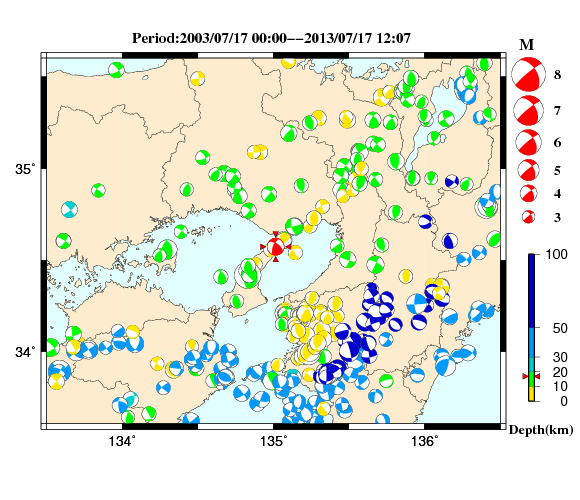 過去に起きた地震の初動発震機構解