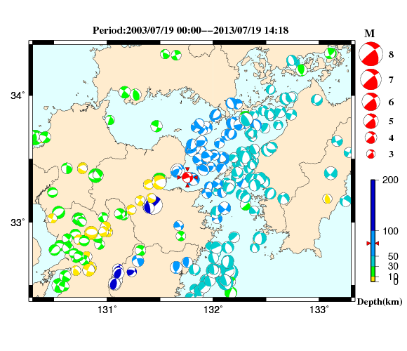 過去に起きた地震の初動発震機構解