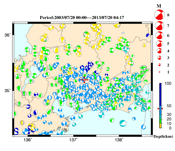 過去に起きた地震の初動発震機構解