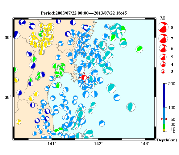 過去に起きた地震の初動発震機構解