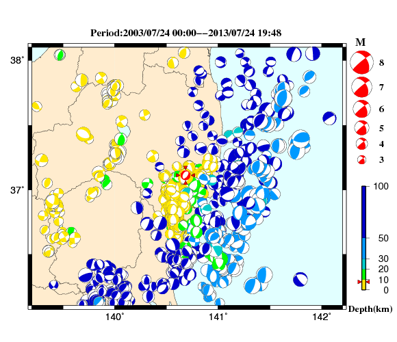 過去に起きた地震の初動発震機構解