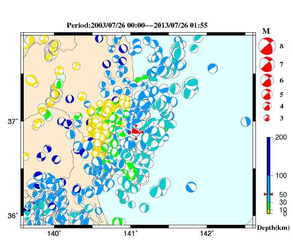 過去に起きた地震の初動発震機構解