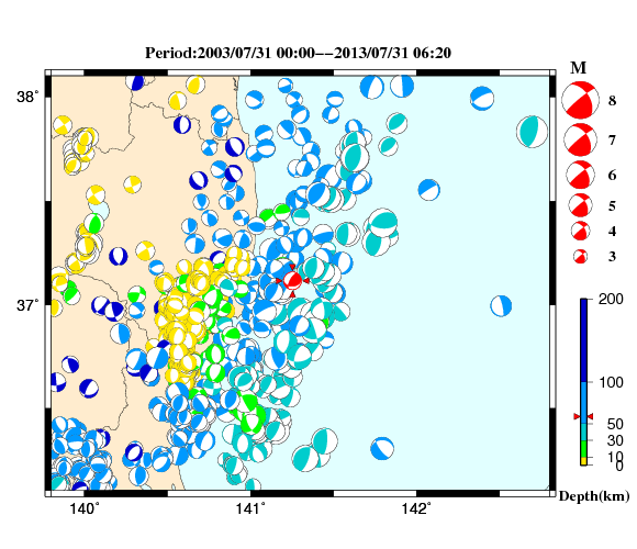 過去に起きた地震の初動発震機構解