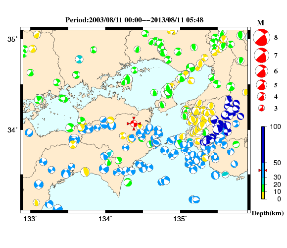 過去に起きた地震の初動発震機構解