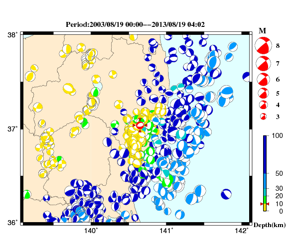 過去に起きた地震の初動発震機構解