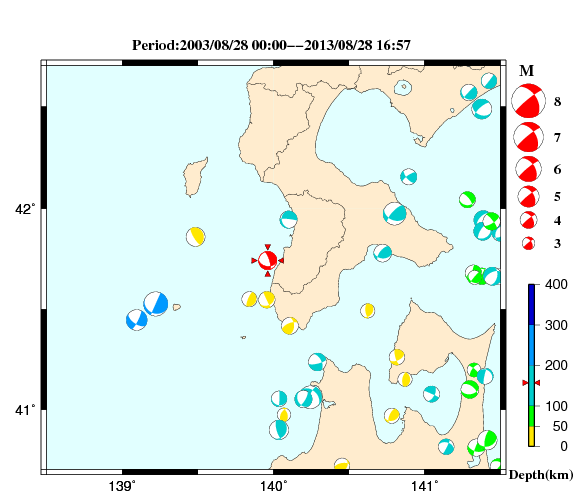 過去に起きた地震の初動発震機構解
