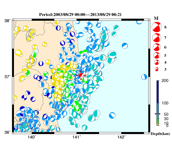 過去に起きた地震の初動発震機構解